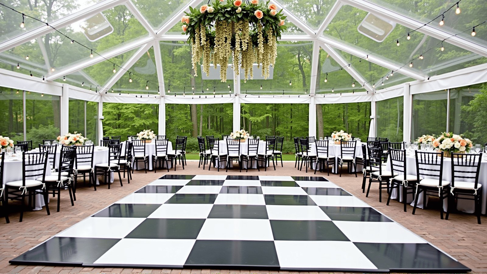 Checkered dance floor set up and ready under a tent at an Oklahoma City reception venue