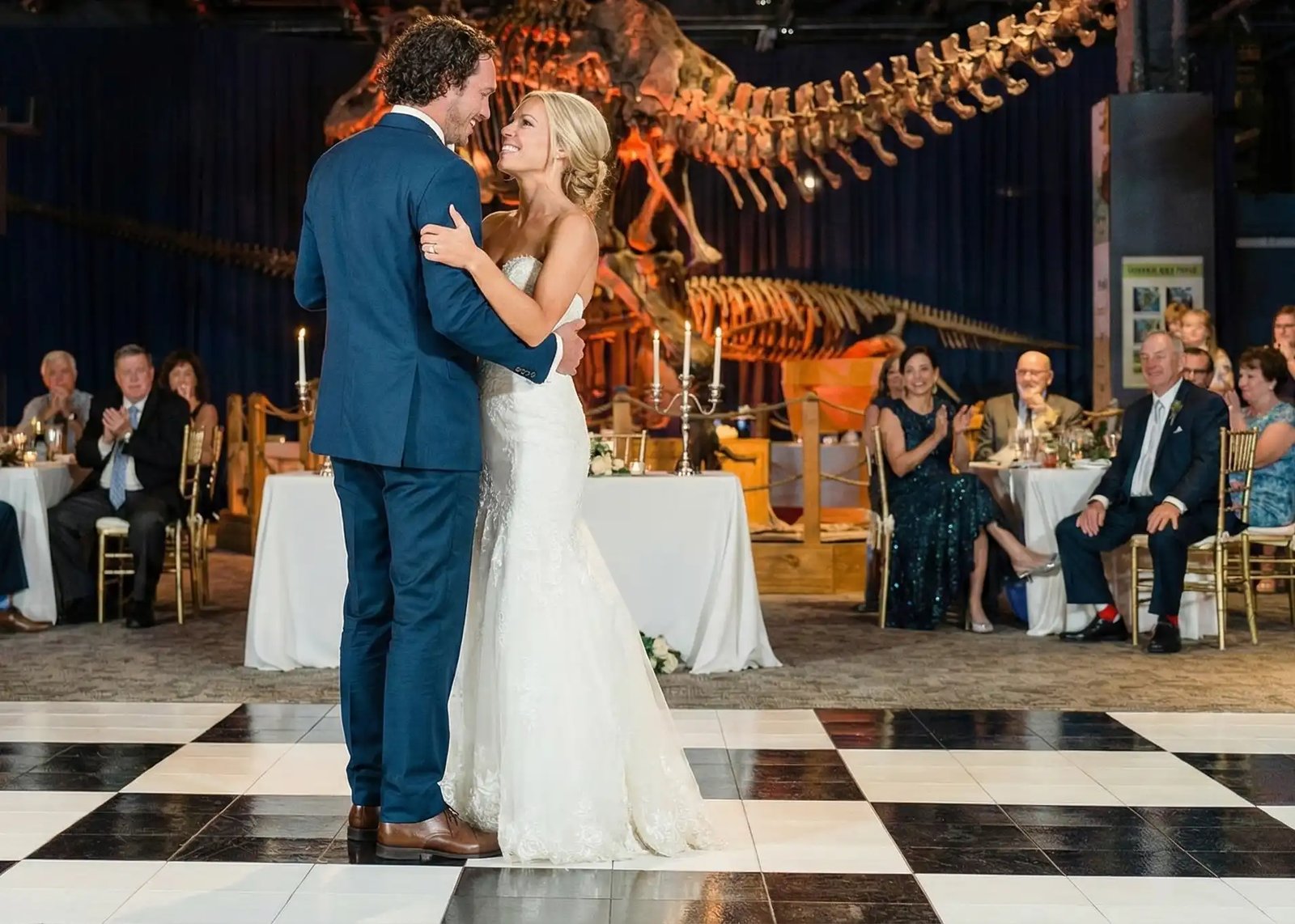 Checkered dance floor set up at a museum venue reception near Oklahoma City
